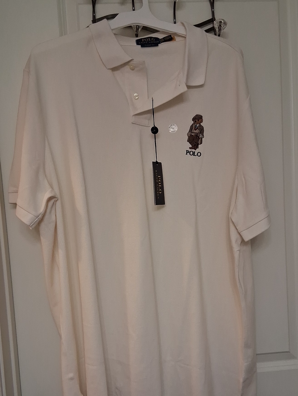 Polo by Ralph Lauren Men's Ivory Polo Shirt with Embroidered Polo Bear